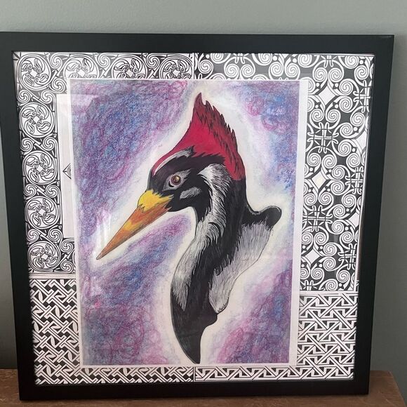 Framed Pileated Woodpecker Art Print Drawing 14x14 - Picture 1 of 5